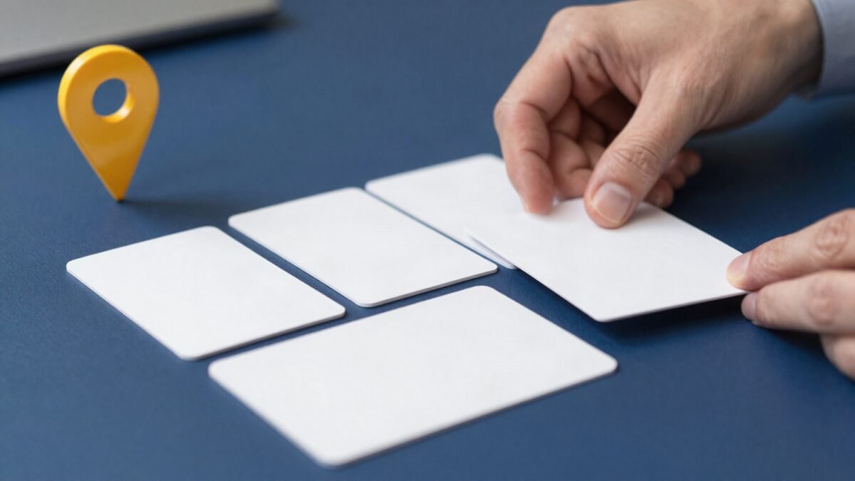 Hands aligning matching business cards next to a location pin, representing consistent citations