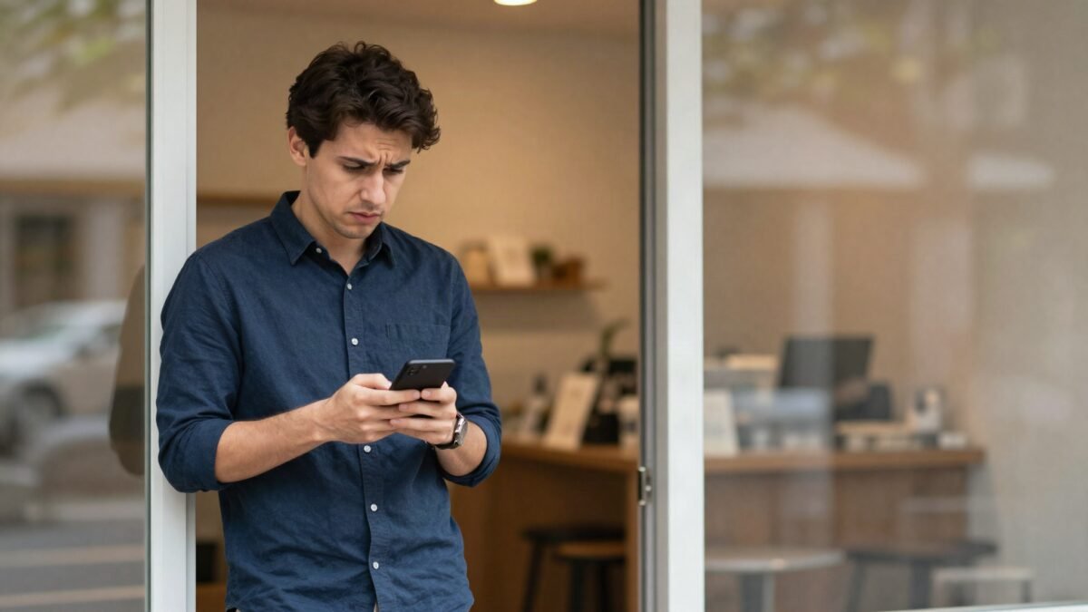 Shop owner in his doorway looking at his phone with a puzzled expression