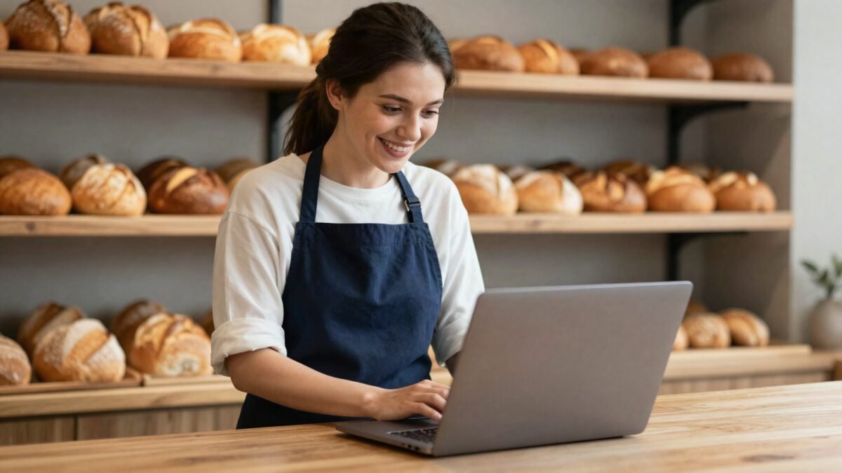 Bakery owner updating her business profile on a laptop behind the counter