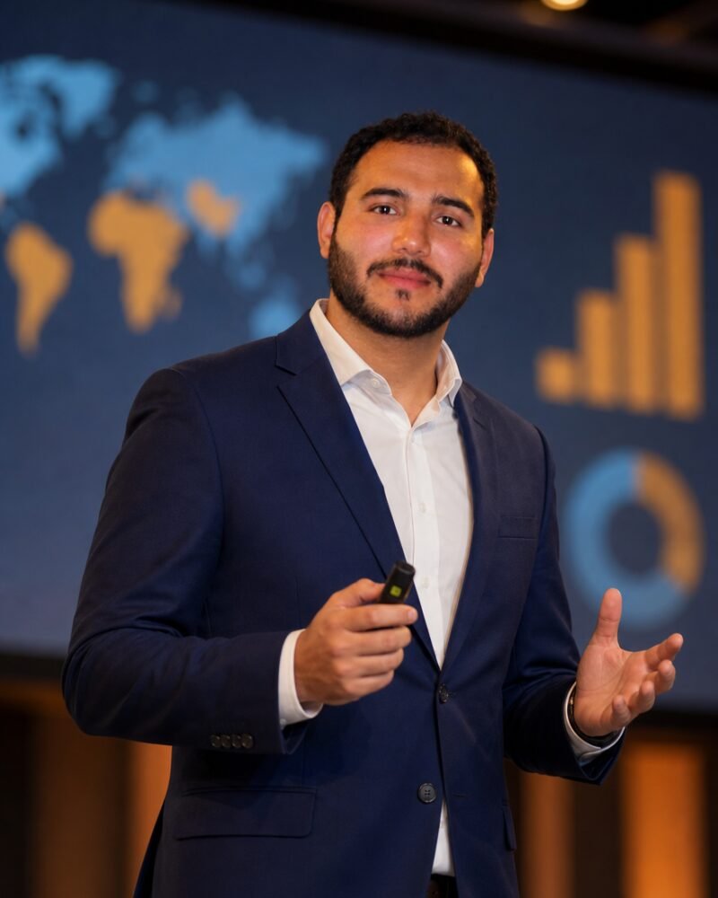 Hamid Khan, founder of ElevenDigitals, presenting at a business seminar
