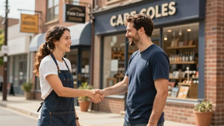 Two local shop owners shaking hands on a high street, representing local partnerships