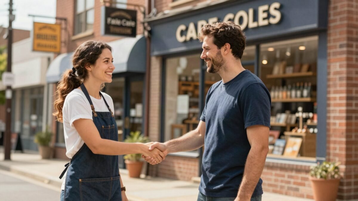 Two local shop owners shaking hands on a high street, representing local partnerships