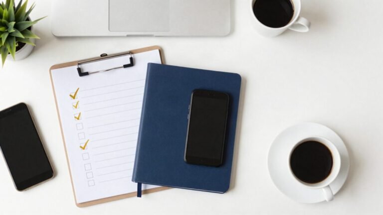 Local SEO checklist on a clipboard with ticked items beside a notebook and coffee