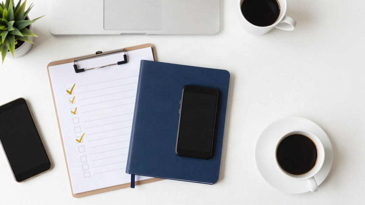 Local SEO checklist on a clipboard with ticked items beside a notebook and coffee