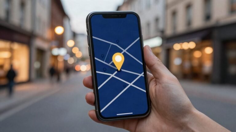 Smartphone showing a map with a highlighted amber location pin on a city street