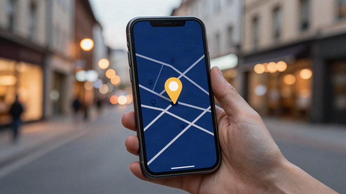 Smartphone showing a map with a highlighted amber location pin on a city street