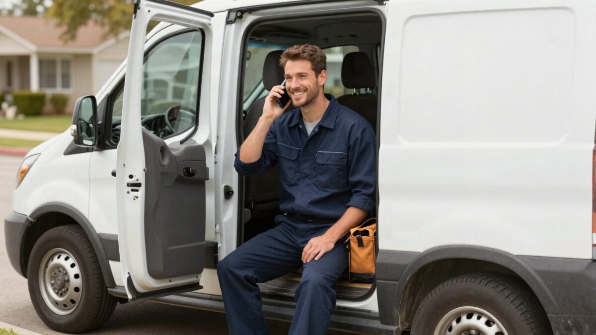 Technician answering a customer call while sitting in his service van